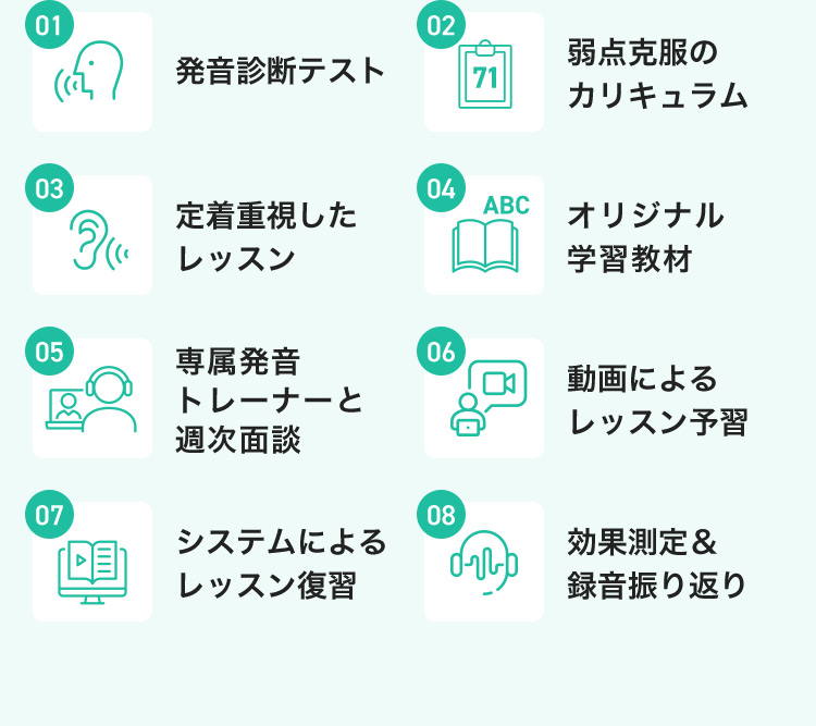 01 発音診断テスト 02 弱点克服のカリキュラム 03 定着重視したレッスン 04 オリジナル学習教材 05 專属凳音トレーナーと週次面談 06 動画によるレッスン予習 07 システムによるレッスン復習 08 効果測定&録音振り返り