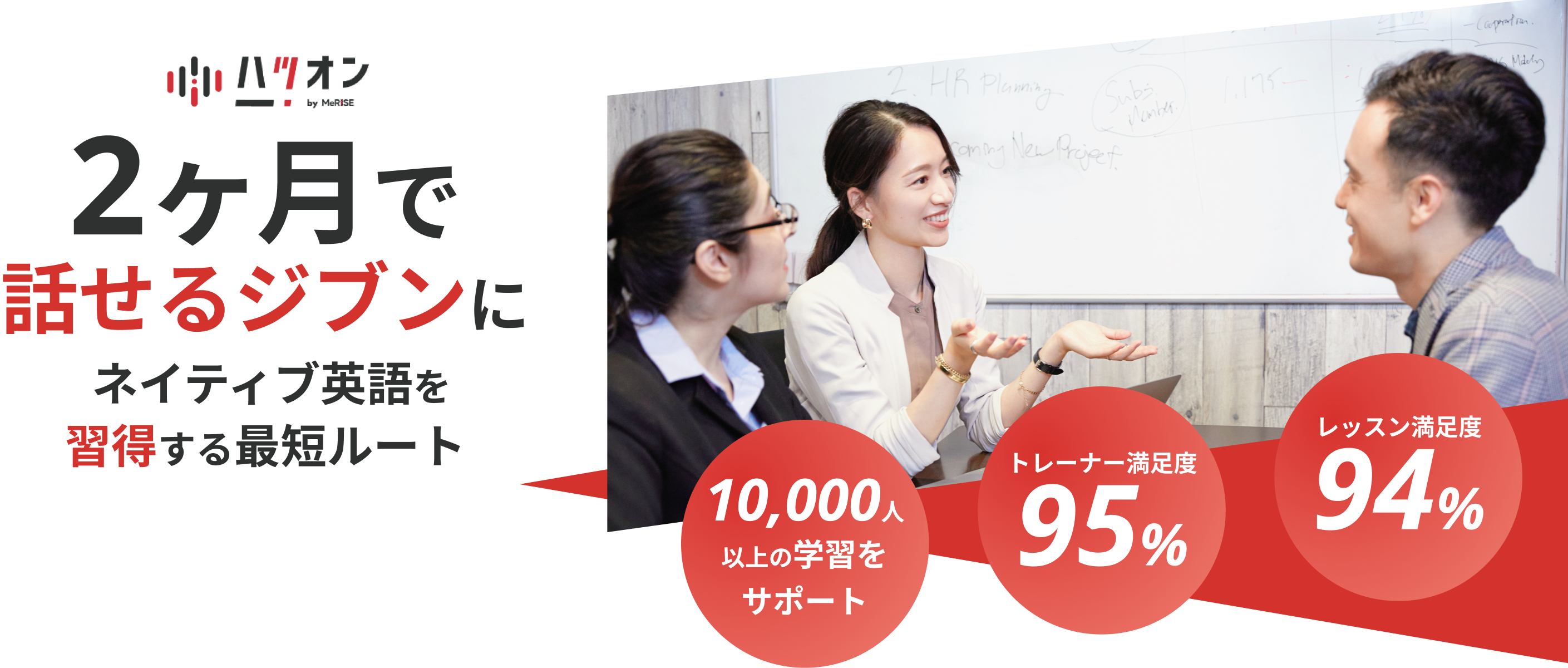 ハツオン by MeRISE 2ヶ月で話せるジブンに ネイティブ英語を習得する最短ルート 10,000人以上の学習をサポート/トレーナー満足度95%/レッスン満足度94%
